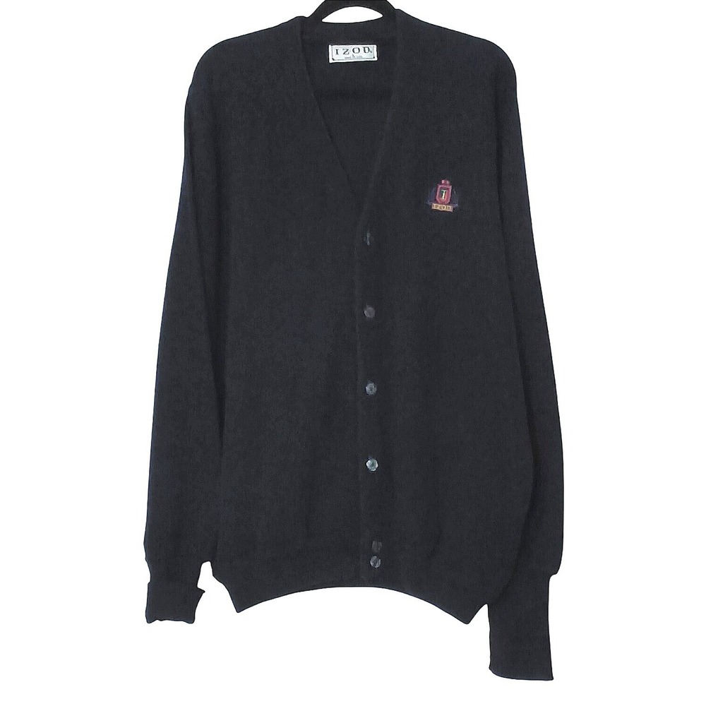 Vintage Izod Cardigan Sweater Mens Large Navy Blue Embroidered Crest USA Made